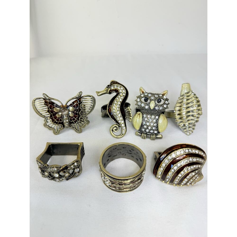 Set Of 7 Mixed Animal Design Jeweled Enamel Napkin Rings
